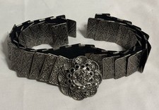 VTG Silver Tone Metal Concho Womens Stretch Elastic Belt Rose Buckle 30" Plus