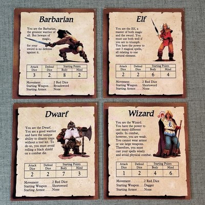 Hero Quest Board 1989 1990 Replacement Game Parts - Character Cards 4 Set