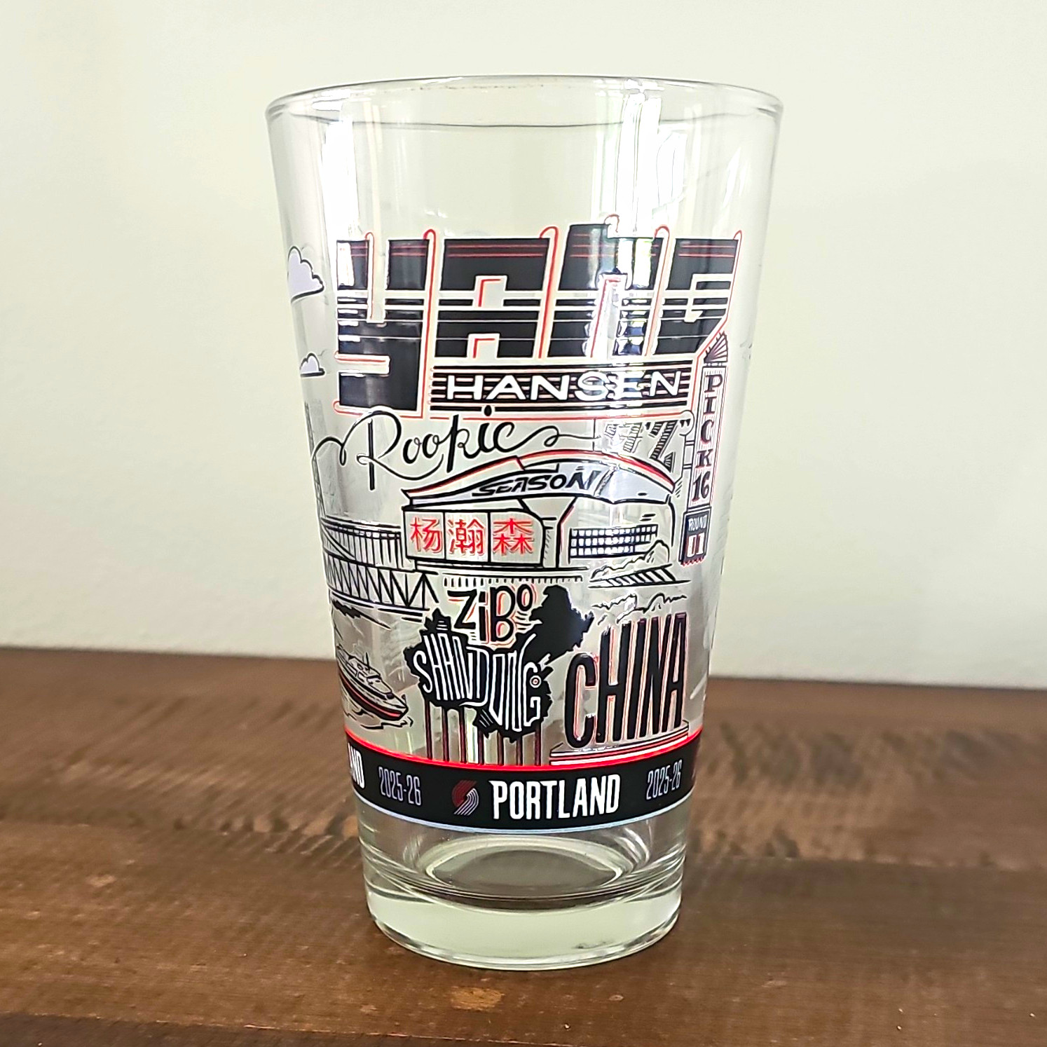 Yang Hansen NBA Portland Trail Blazers Rookie Season Clear Pint Glass