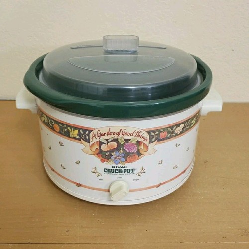 Vintage 5 Quart Rival Crock Pot "A Garden Of Good Things" 3355 Green Crock WORKS