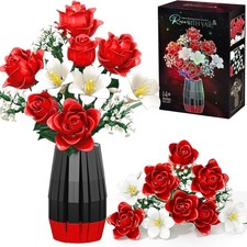 Roses Flower Bouquet Building Blocks with Vase, Valentines Day Gifts for Her Wif