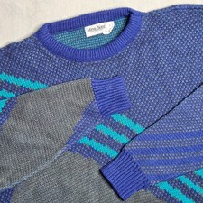 Vintage Sweater Mens 2XB Blue Striped King Size Acrylic Crew Neck USA 60s 70s