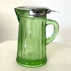 Vaseline Glass Syrup Dispenser Pitcher Vtg, Green, 4 1/4" Tall Metal Flip Lid