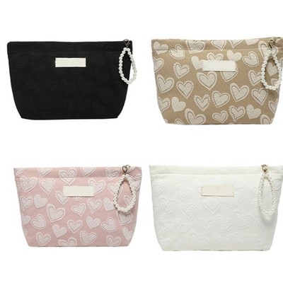 Fashion Canvas Makeup Bag Heart Print Cosmetic Pouches for Beauty Enthusiasts