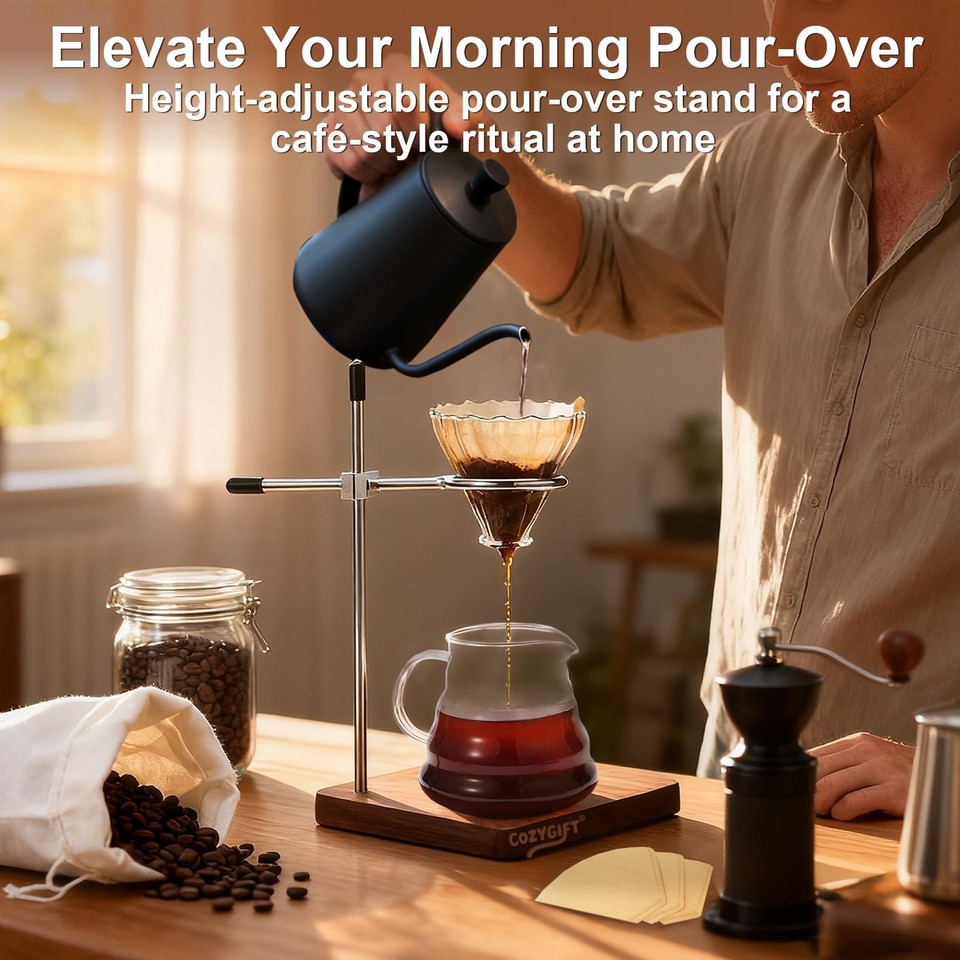 Pour Over Coffee Stand with Solid Black Walnut Base, Height Adjustable ...