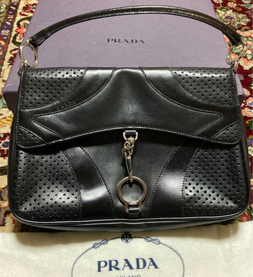 Prada Vitello Drive Black Leather Shoulder Bowling Bag Y2K 3-Way Style From JP--