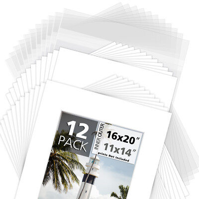 12 Pack 8x10 11x14 16x20 White Clear Photo Mat Set Backing + Clear Bags Picture