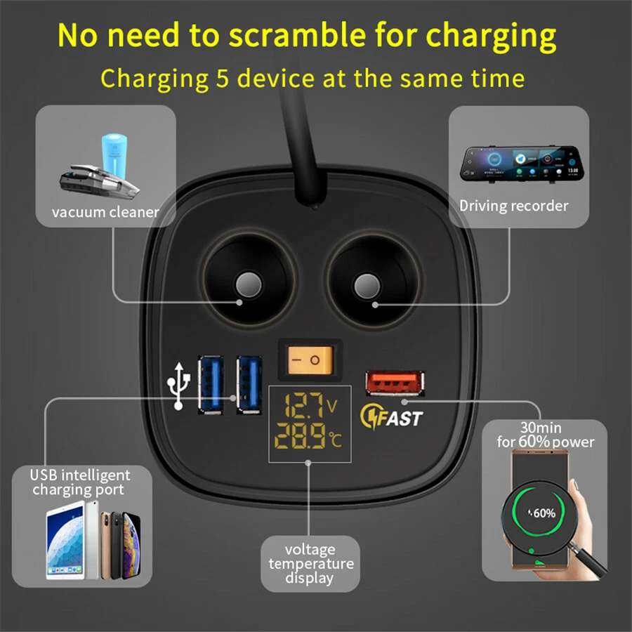 Voltímetro encendedor de cigarrillos multipuertos cargador rápido USB para automóvil con luz amarilla 12V Foto 2 de 4