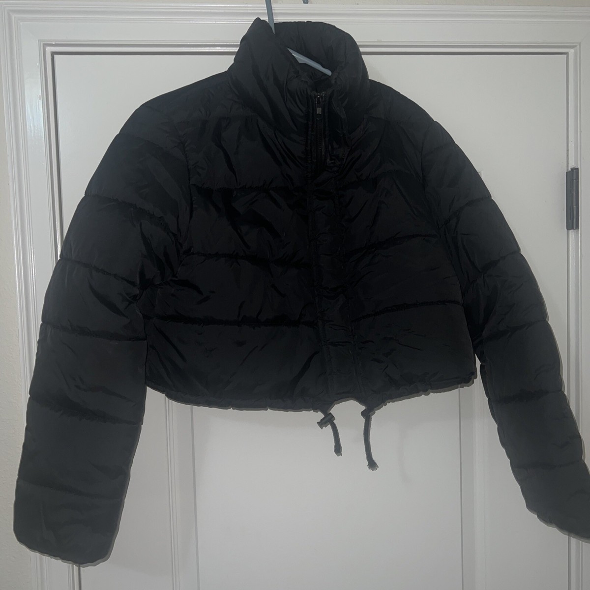 Shein Black Cropped Zip Up Puffer Jacket Coat Large 8/10 Womens