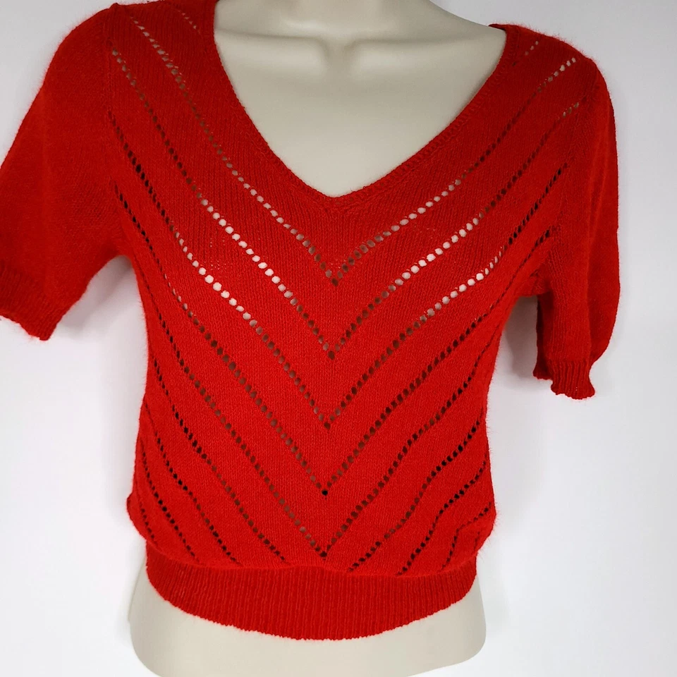 Blusa tejida vintage para mujer Top roja manga corta cuello en V talla XS? Años 90 LEER Foto 4 de 4