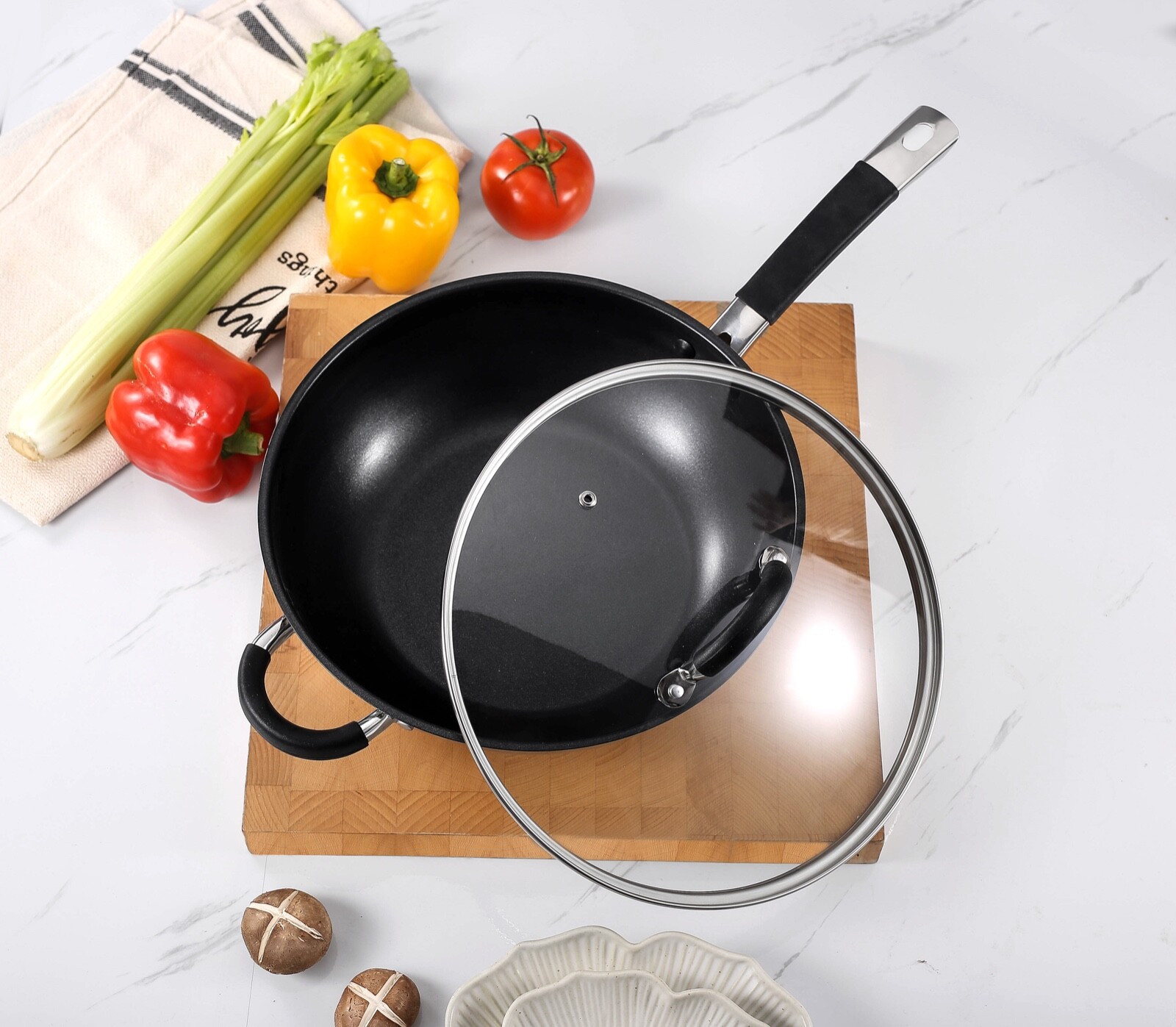 Stainless Steel Wok Pan with lid, Stir Fry Pan with Glass Cover Compatible(28cm)