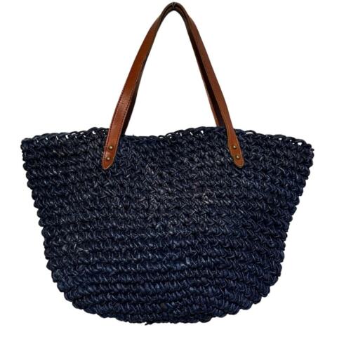 J. Jill große blaue Hobo Handtasche aus geflochtenem Stroh mit braunen Lederriemen - Bild 4 von 7