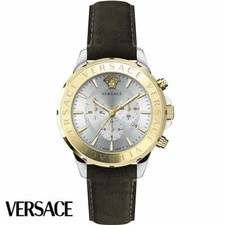 Versace VEV600219 Signature Chrono silver gold brown Leather Men's Watch NEW