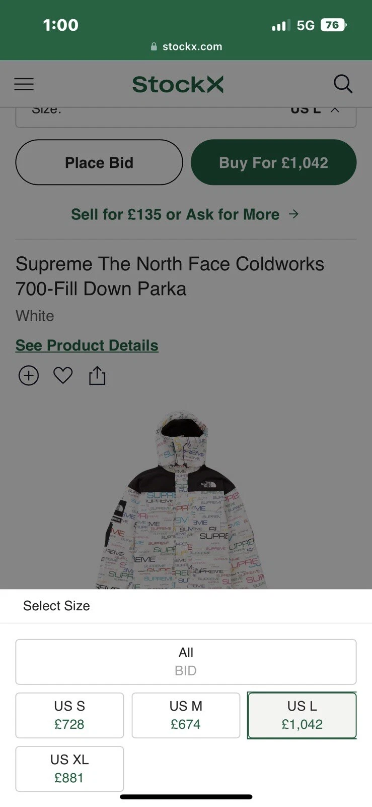 SUPREME THE NORTH FACE COLDWORKS 700 FILL DOWN PARKA BLANCHE