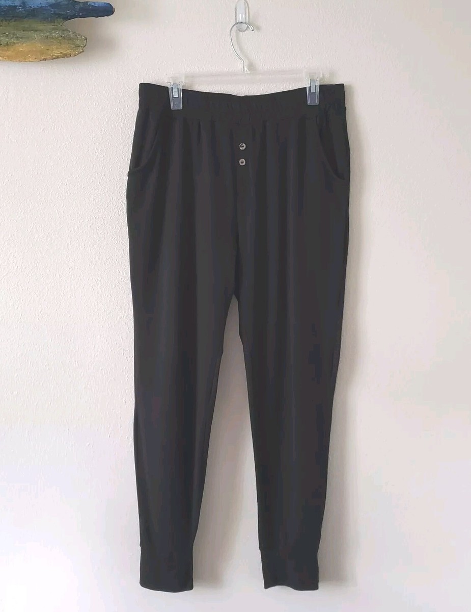 SO SOFT! SHIRLEY STONE Black Lounge Pants L Tapered Leg Buttons Elastic  Waist