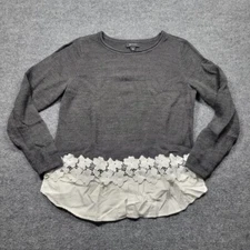 AB Studio Sweater Womens Large Gray Pullover Knit Embroidered Floral Long Sleeve