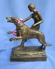 art deco bronze Borzoi & lady 8" dog figurine marked