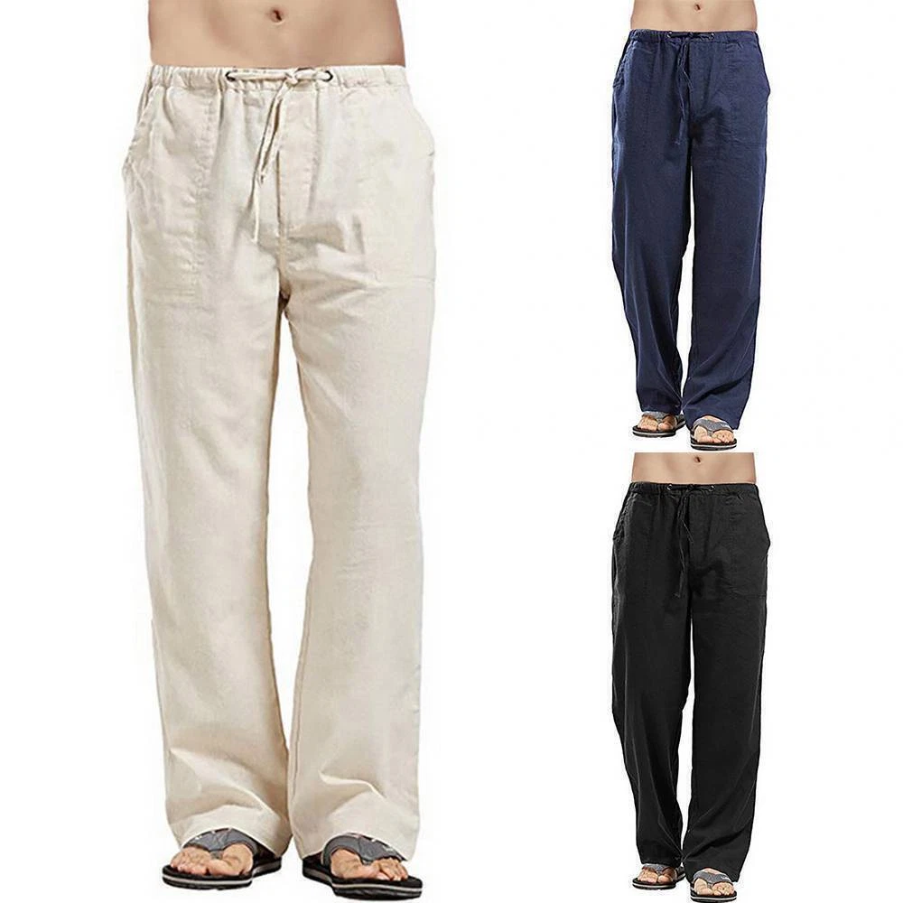Leisure Men's Cotton and Linen Breathable Long Pants Wide Leg Pants