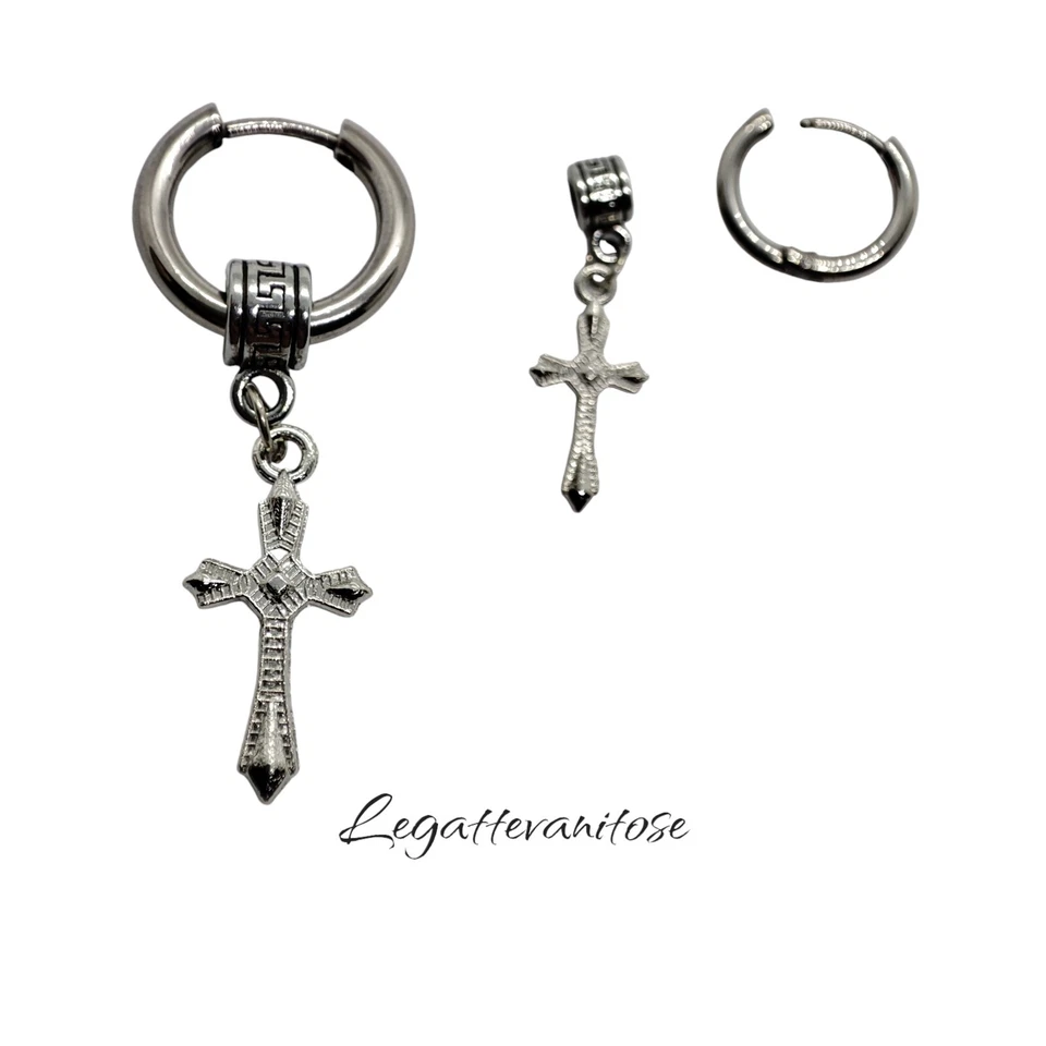 Orecchino con croce pendente da uomo in acciaio inox cerchi donna argento. - Immagine 3 di 4