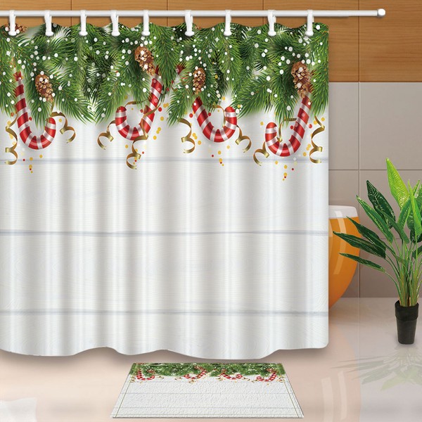 Christmas Spruce Twigs And Candy Cane Fabric Shower Christmas Spruce Twigs And Candy Cane Fabric Shower Curtain Set 71in