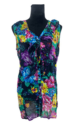 Gitano Colorful Floral Sleeveless Ruffled Tunic Button Up Retro Vintage Size M