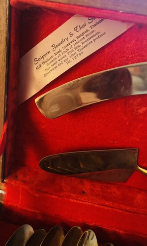 Vintage MCM Brass & Wood Thailand Dessert Silverware Set W/Wood Box Tarnish Free - Picture 3 of 15