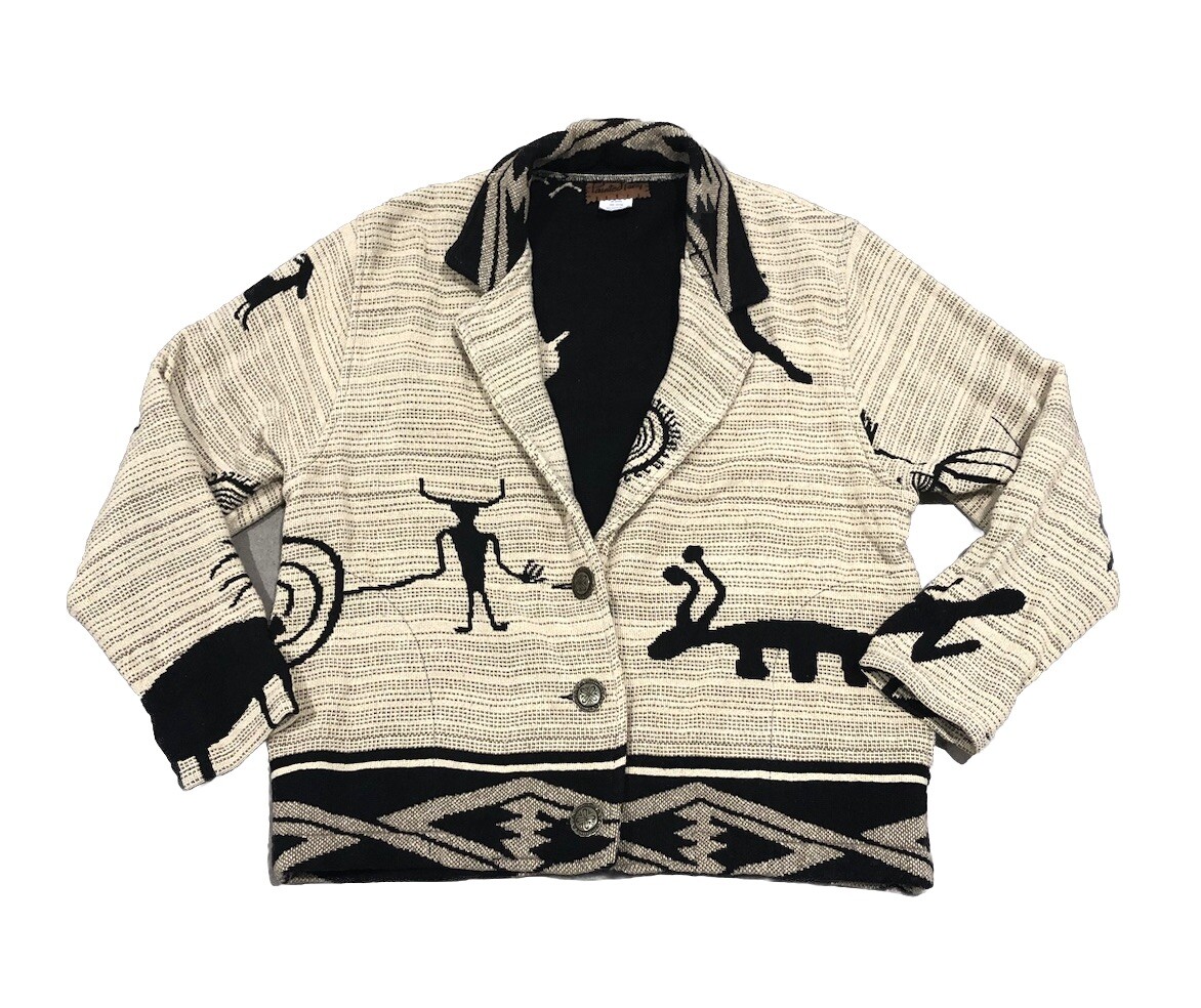 Giacca cardigan vintage dipinto pony nativi americani petroglifi arte taglia OS