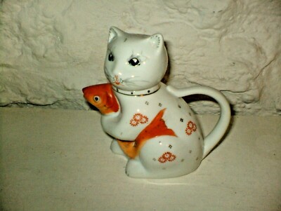 VINTAGE - CHINESISCH - PORZELLAN - H/P mit vergoldeten Details Katze mit Koi Karpfen Teekanne 5 1/2''H