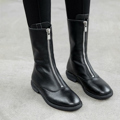 Women Round Toe Front Zip Chunky Low 