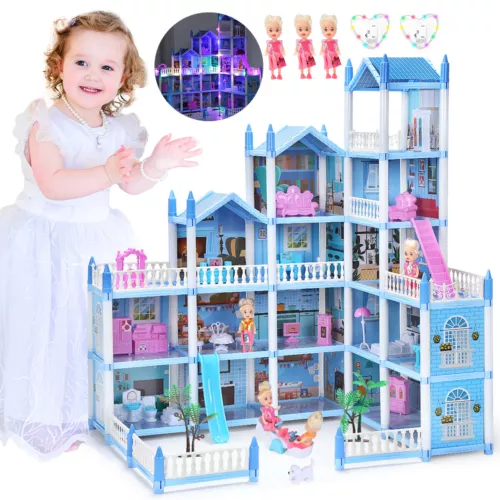 16 Rooms Huge Doll House with Colorful Light Dollhouse 3 Dolls Playhouse Blue