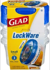 GLAD LockWare Plastic 3 Food STORAGE CONTAINERS + 3 LIDS Small 16 ounce BPA FREE