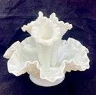 Vintage 1940s Fenton Hobnail Milk Glass Epergne Bowl 3 Flutes Trumpets 6 1/2"
