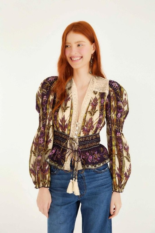 NW AUTH FARM RIO Sand Embroidered Tapestry Blouse Top Shirt Sz EXTRA SMALL XS