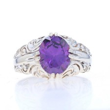 Sterling Purple Cubic Zirconia Cocktail Solitaire Ring -925 Oval Scroll Sz 8 1/4