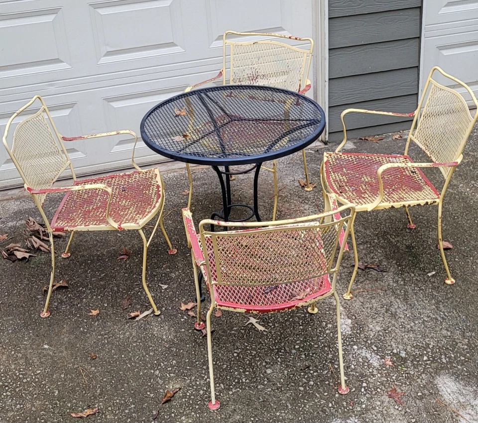 Juego de mesa de comedor de muebles de patio de hierro vintage amarillo rojo de 5 piezas 4 sillas mesa de 30" Foto 3 de 4