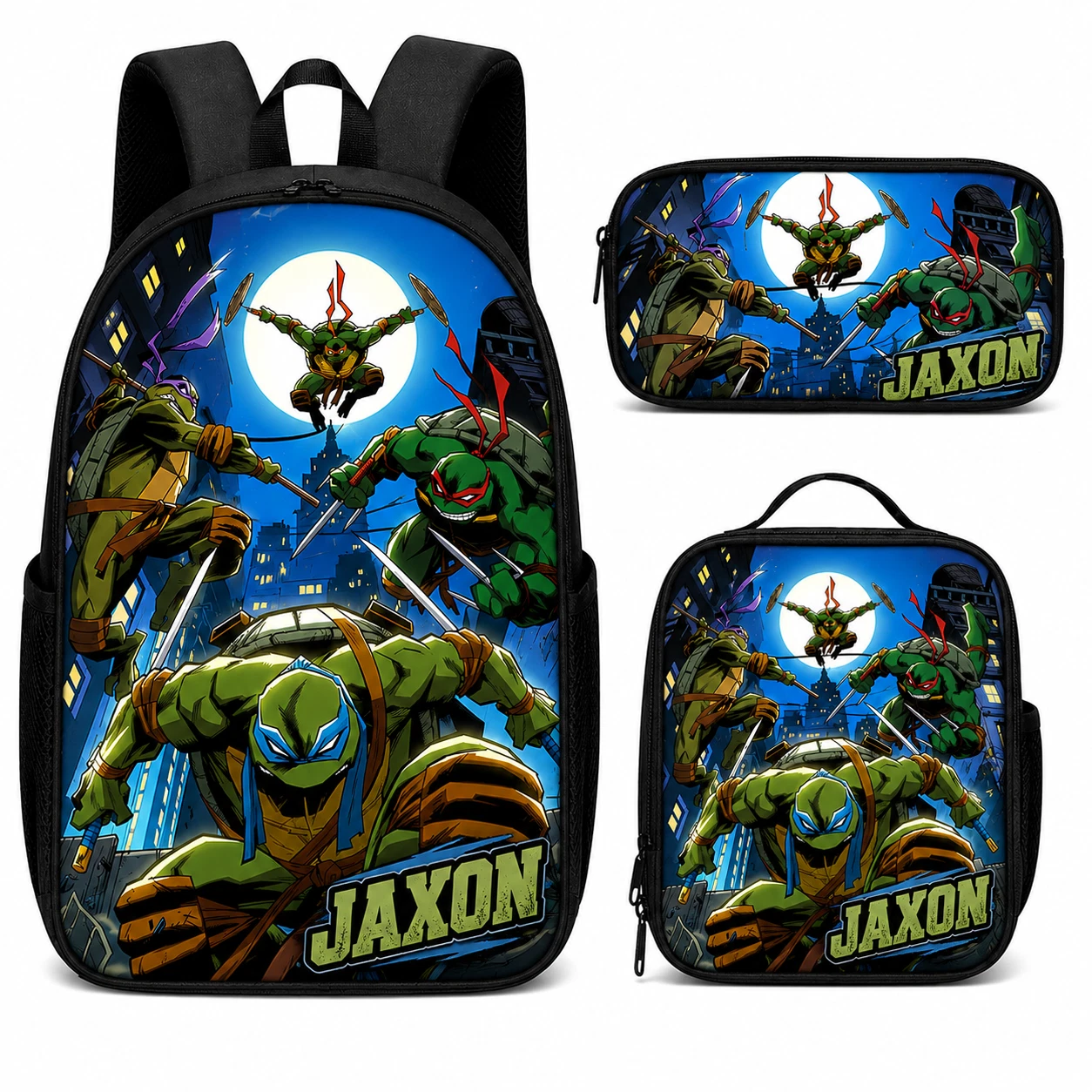 Custom Name Backpack Lunch Bag Pencil Case Set Green Warrior Ninja City School