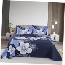 3 Pieces Quilt Set King Navy Blue Floral King 104"x 90" Navy Blue Flower
