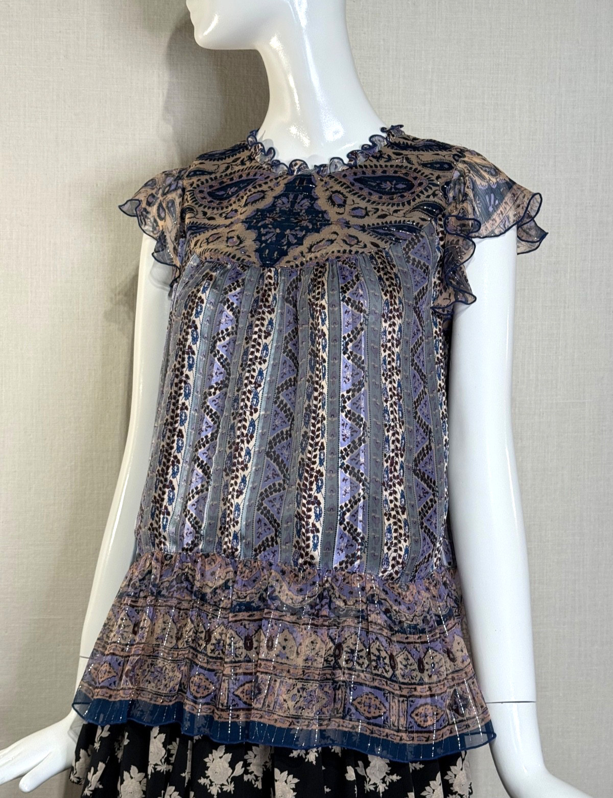 Spring 2011 Anna Sui Sheer SILK Cap Sleeve Blouse Size 8, Metallic Paisley NWT