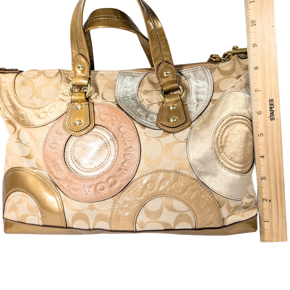Coach Ashley Patchwork Metallic Canvas Jacquard Patent Leather Tote F15474 - Image 3 of 4