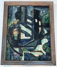 Vintage Mid- Century Abstract Cubist Expressionist Oil Painting on Hard Board