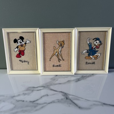 VTG 1960s Disney Mickey Donald Bambi E.P.I.C. Embroidered Framed Pictures Lot 3