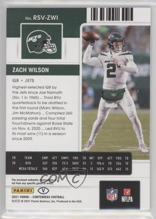 2021 Panini Contenders Rookie Ticket Swatches Variations Zach Wilson #RSV-ZWI RC - Image 2 of 2