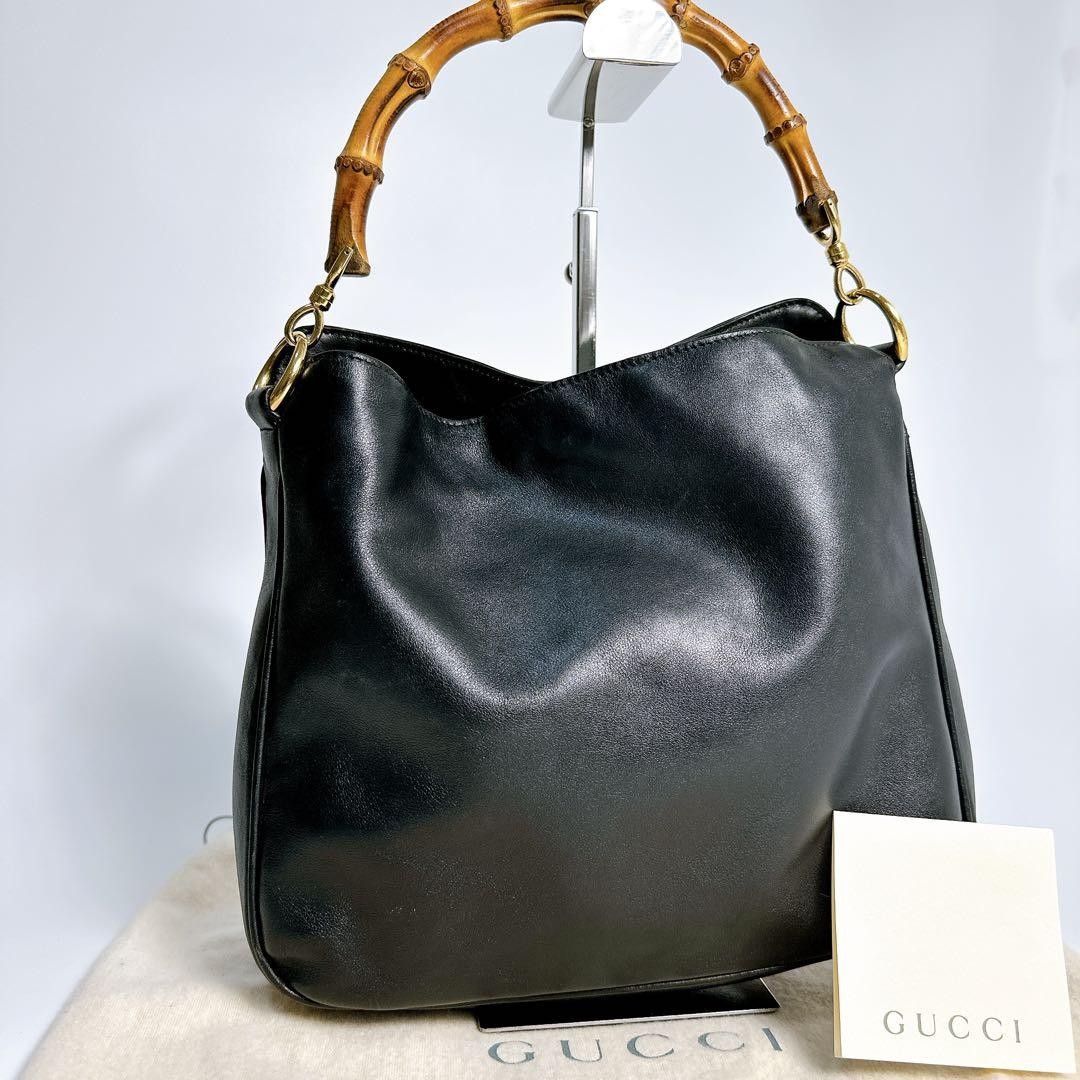 GUCCI Tote bag Bamboo Leather Black Vintage Authentic From Japan