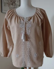World Market Embroidered Tassled Cotton Top Tan w/White Embroidery Size S/M