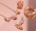 Peach Crystal Flower Jewelry 4Set Rose Gold Tone Necklace Earrings Bracelet Ring — photo 2