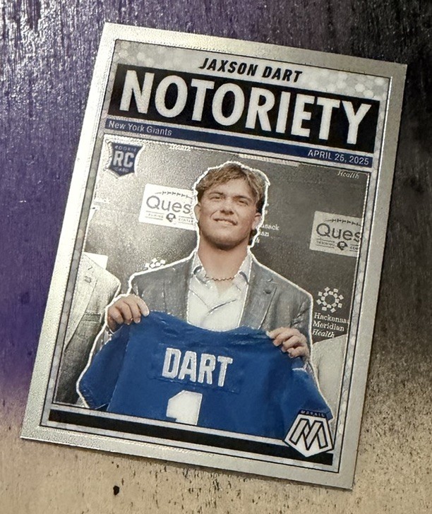 Jaxson Dart #11 Football Cards 2025 Panini Mosaic Notoriety trading card — raw and PSA graded price guide