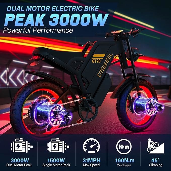 Dual Motor Electric Mountain Bike 48v Peak 3000w Motor Fat Tire Motorcycle Ebike