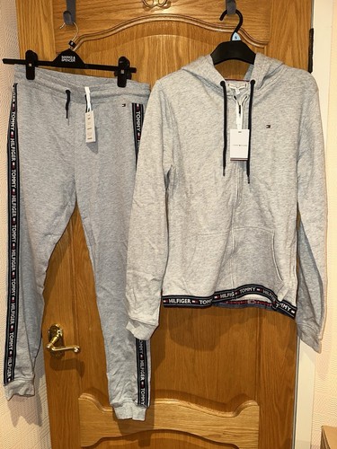 Tommy Hilfiger Ladies Grey Tape Logo Tracksuit Hoodie And Joggers Size S
