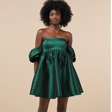 Lulus Emerald Green Taffeta Off-the-Shoulder Babydoll Mini Dress Medium