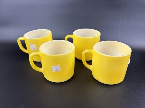 Four NOS Vintage Federal Milk Glass Yellow Mugs D Handle Coffee Cups